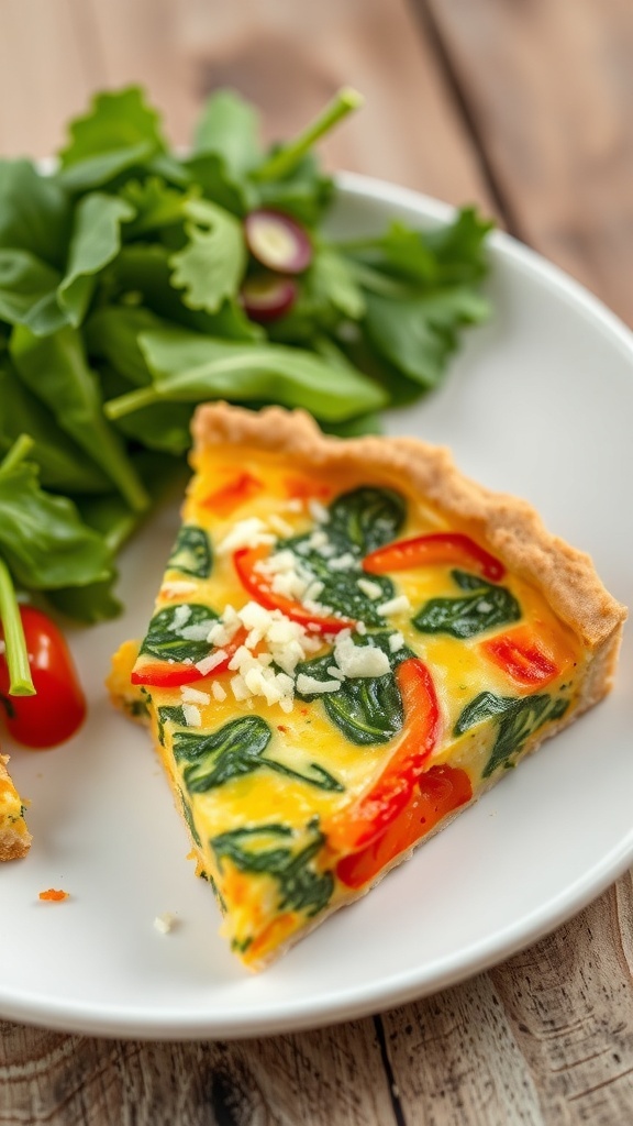 Weight Watchers 0 Point Crustless Quiche Recipe A slice of crustless quiche with spinach and bell peppers on a plate, served with a salad.